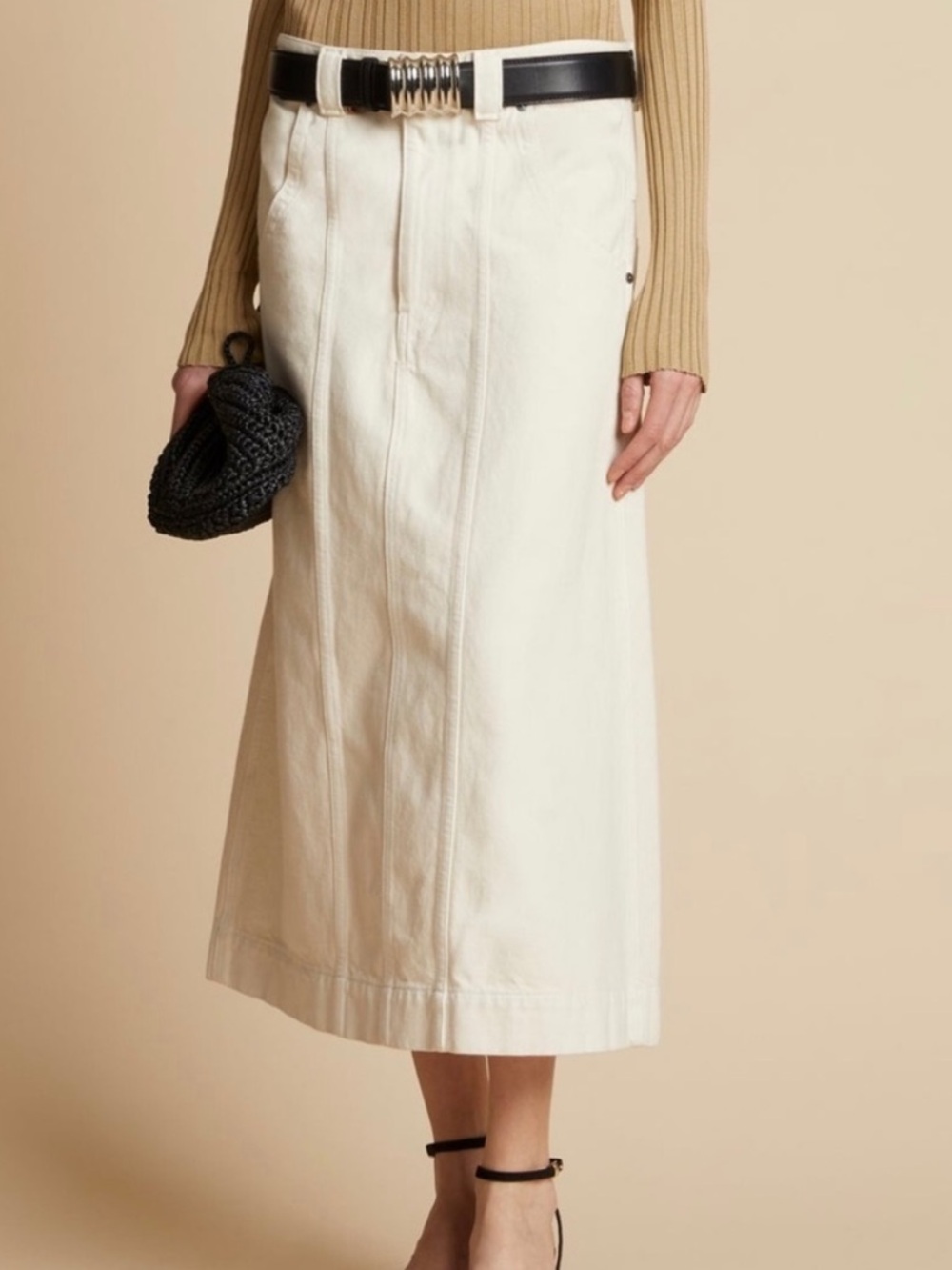 KHAITE Caroline Ivory Denim Midi Skirt, sz 28, GUC